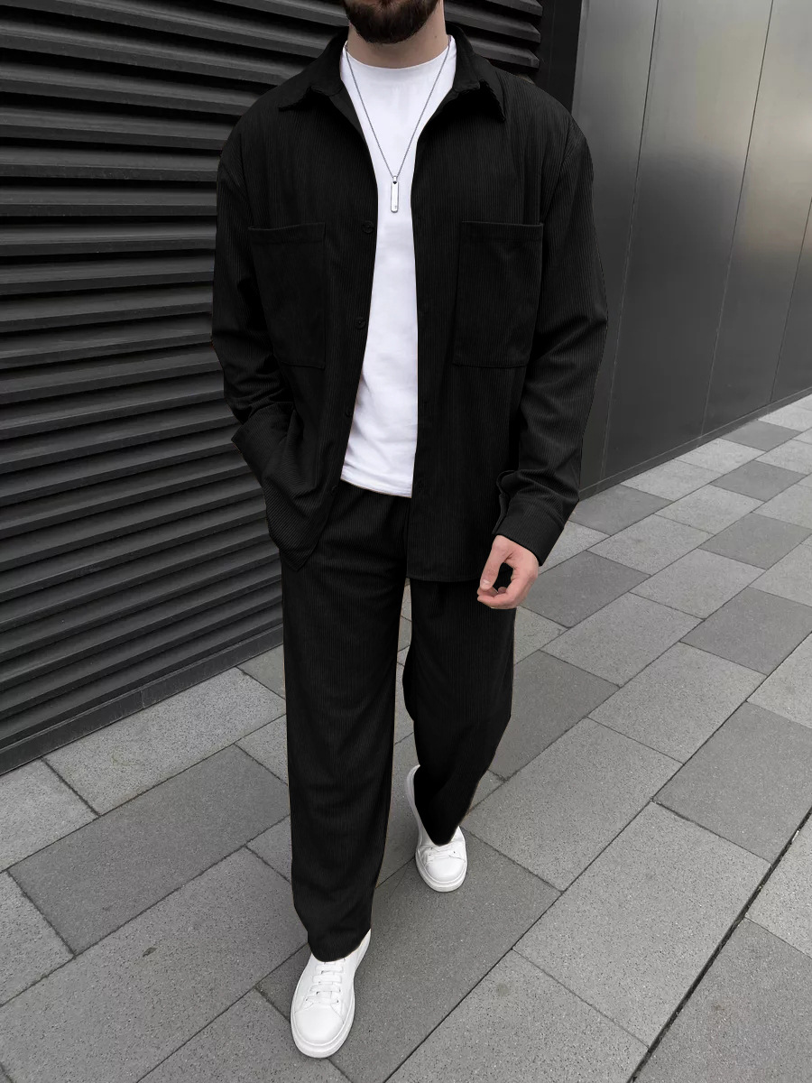 Street Fashion Casual - 남성 코듀로이 투피스 세트: 긴팔 버튼다운