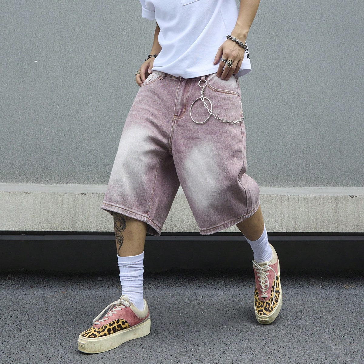 Street Fashion Art - 남성용 핑크 그라데이션 데님 반바지 빈티지