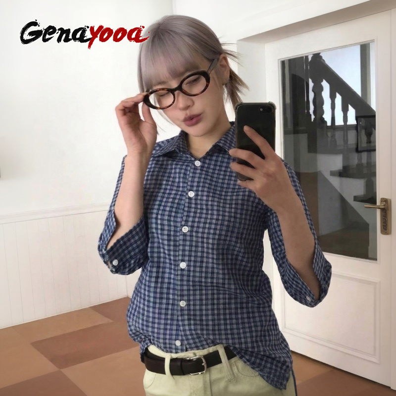Genayooa Y2k 격자 무늬 셔츠 여성 3 분기  - Street Fashion In Japan 리뷰 및 가격