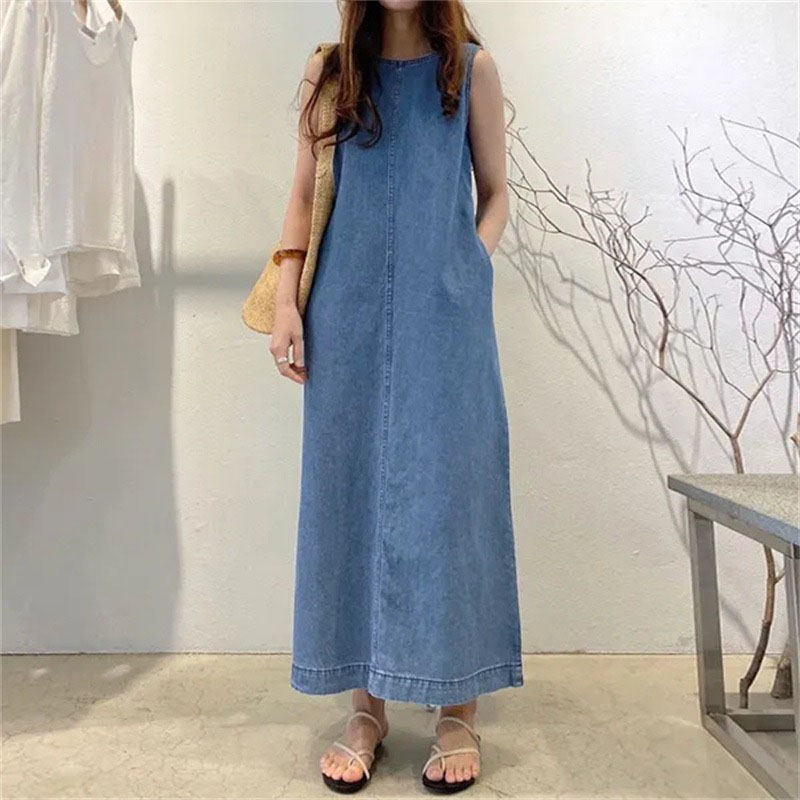 세련된 롱 드레스, 라운드넥 민소매 포켓 루즈핏 롱 스 - Street Fashion Shanghai 리뷰 및 가격