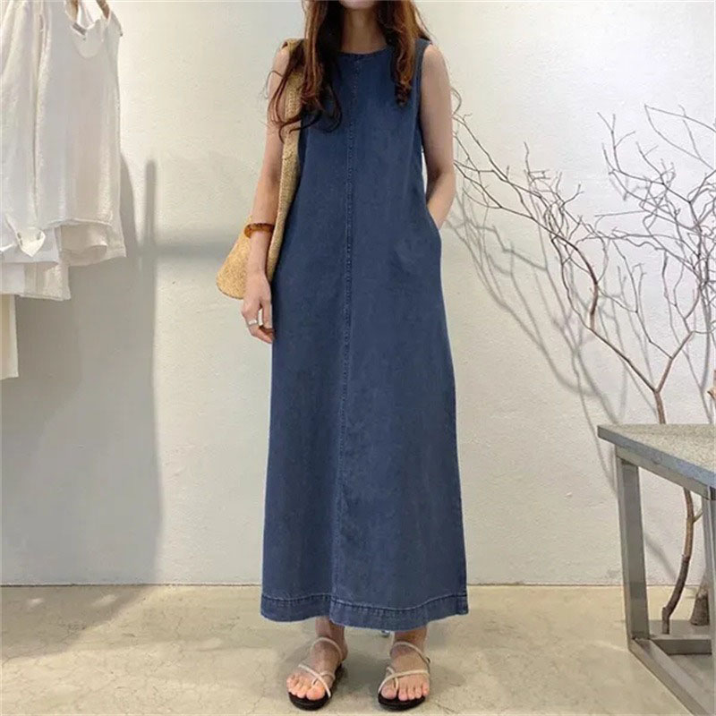 세련된 롱 드레스, 라운드넥 민소매 포켓 루즈핏 롱 스 - Street Fashion Shanghai 리뷰 및 가격