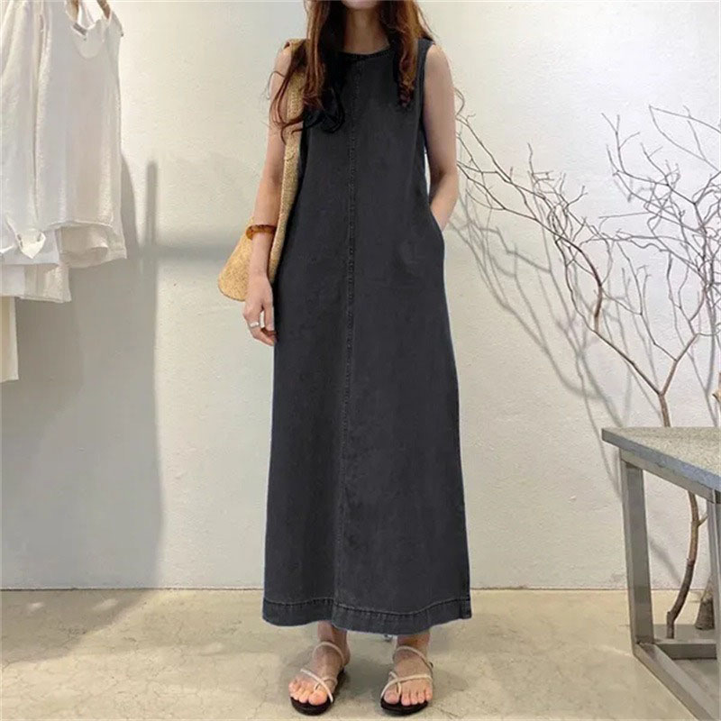 세련된 롱 드레스, 라운드넥 민소매 포켓 루즈핏 롱 스 - Street Fashion Shanghai 리뷰 및 가격