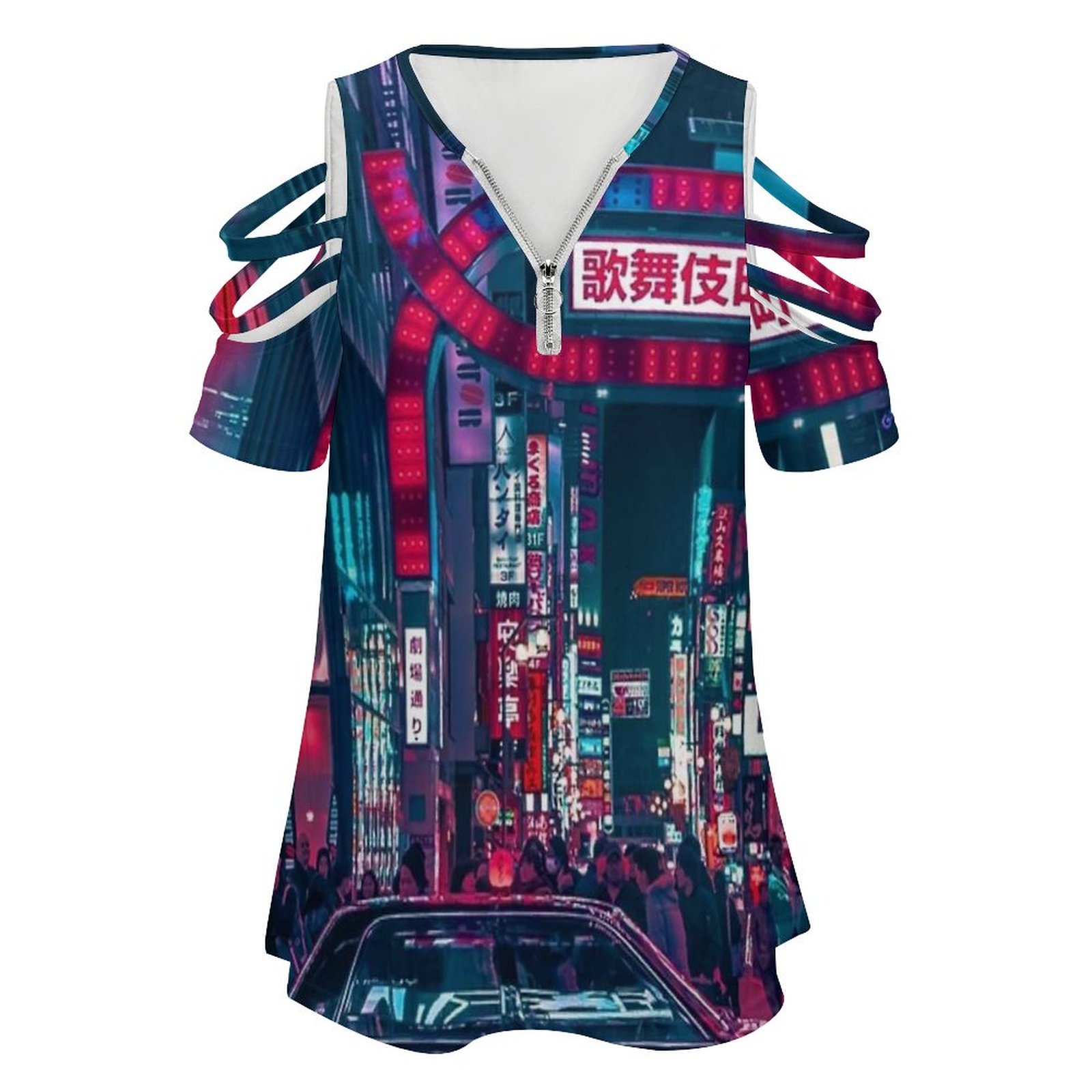 여성 캐주얼 프린트 지퍼 티셔츠, 브이넥 반팔 티셔츠, - Street Fashion Tokyo 리뷰 및 가격