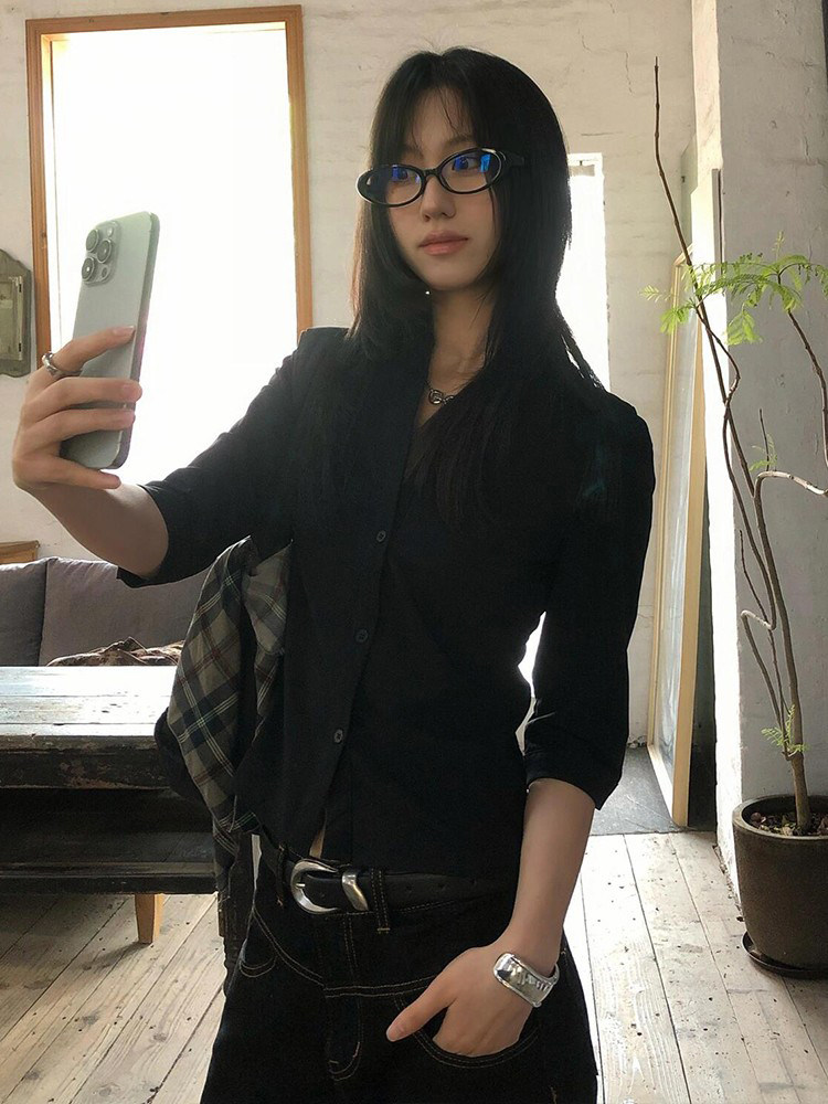 Genayooa 빈티지 캐주얼 셔츠 여성 3쿼터 블랙  - Street Fashion In Japan 리뷰 및 가격