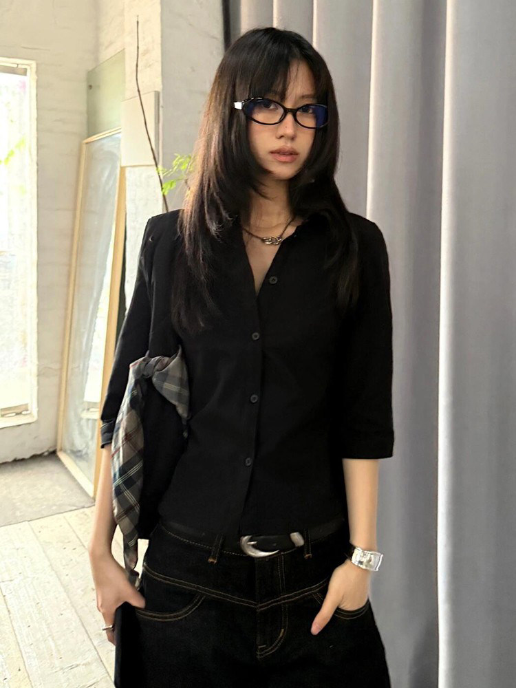 Genayooa 빈티지 캐주얼 셔츠 여성 3쿼터 블랙  - Street Fashion In Japan 리뷰 및 가격