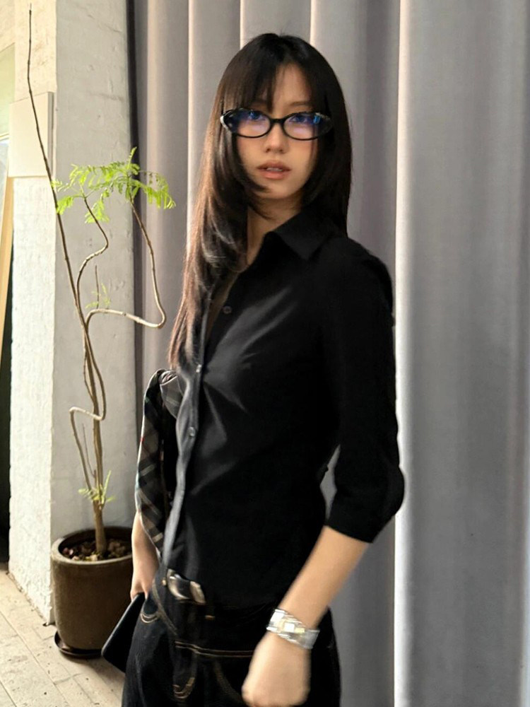 Genayooa 빈티지 캐주얼 셔츠 여성 3쿼터 블랙  - Street Fashion In Japan 리뷰 및 가격